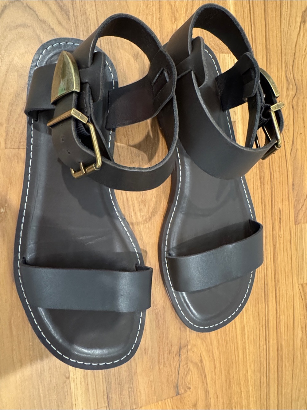 Steve Madden Black Leather Ankle-Strap Sandals with Brass Buckle